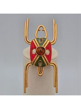 Handmade Beetle Scarab Insect Gold Enamel Amber Statement Brooch